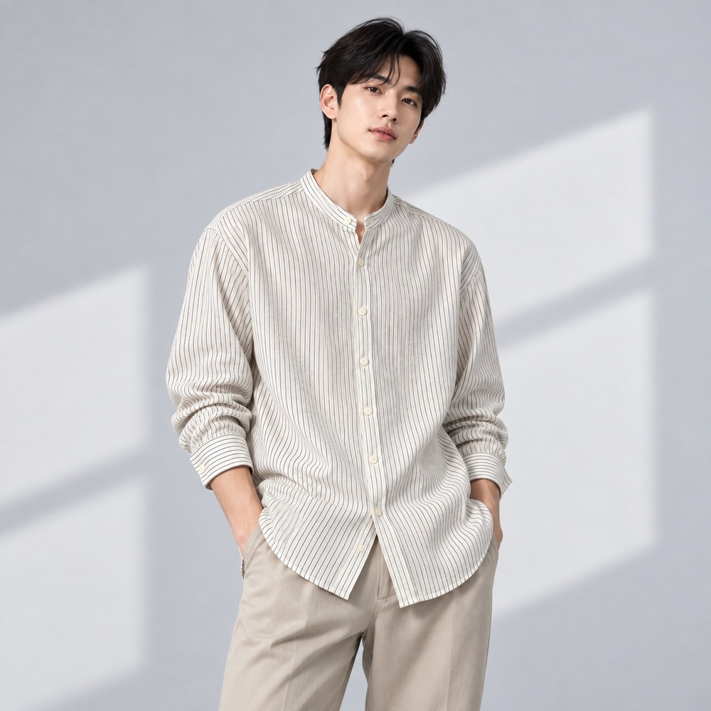 Uniqlo Premium Linen Stand Collar Striped Long-Sleeve Shirt L Minimalist Coastal